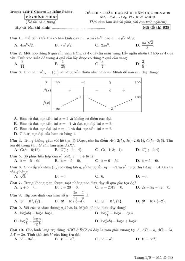 Đề thi 8 tuần học kì 2 (HK2) lớp 12 môn Toán năm 2018 2019 trường chuyên Lê Hồng Phong Nam Định 5 de thi 8 tuan hoc ki 2 hk2 lop 12 mon toan nam 2018 2019 truong chuyen le hong phong nam dinh d