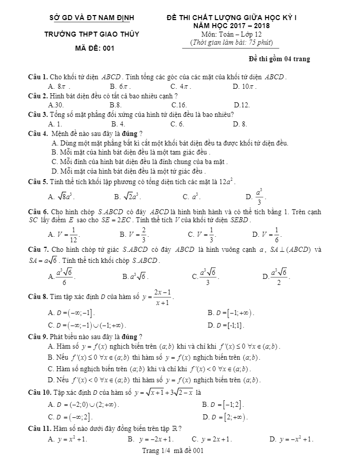 de thi chat luong giua hoc ki 1 hk1 lop 12 mon toan nam hoc 2017 2018 truong thpt giao thuy nam dinh d