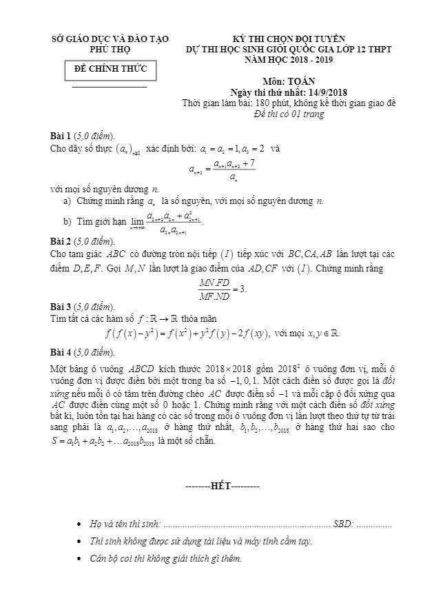 Đề thi chọn đội tuyển dự kỳ thi HSG Quốc gia lớp 12 môn Toán năm 2018 2019 sở GD và ĐT Phú Thọ 8 de thi chon doi tuyen du ky thi hsg quoc gia lop 12 mon toan nam 2018 2019 so gd va dt phu tho d