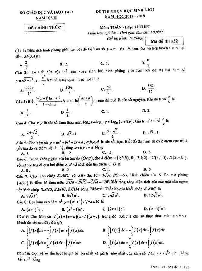 de thi chon hoc sinh gioi lop 12 mon toan nam hoc 2017 2018 so gd va dt nam dinh d