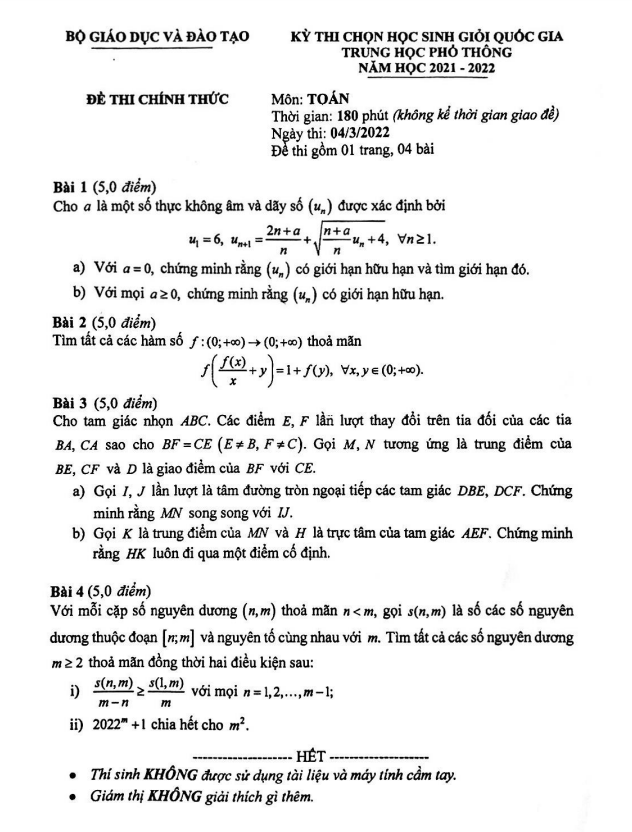 de thi chon hoc sinh gioi quoc gia mon toan thpt nam hoc 2021 2022 d