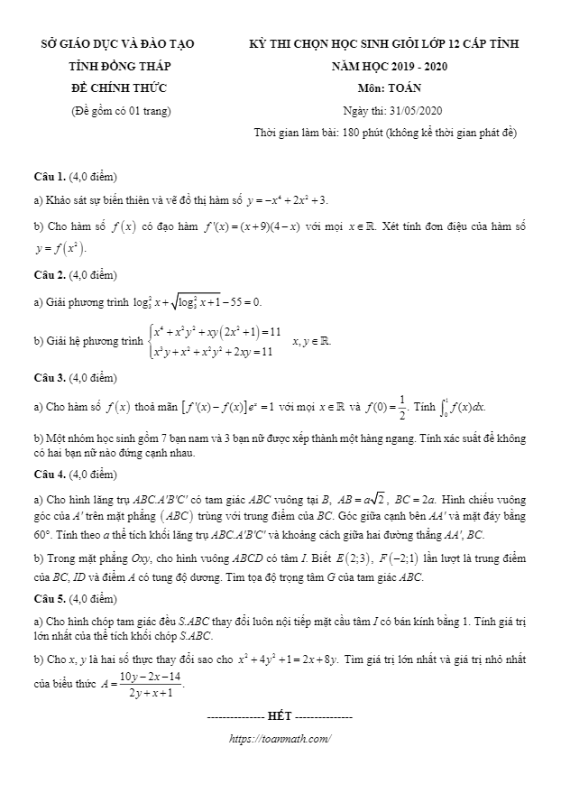 de thi chon hoc sinh gioi tinh lop 12 mon toan nam 2019 2020 so gd dt dong thap d