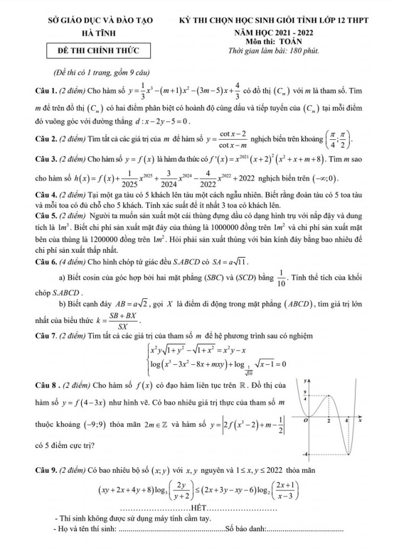 de thi chon hoc sinh gioi tinh lop 12 mon toan nam 2021 2022 so gd dt ha tinh d