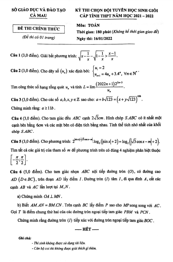 de thi chon hoc sinh gioi tinh toan thpt nam 2021 2022 so gd dt ca mau d