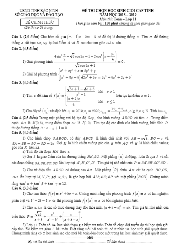 de thi chon hsg cap tinh lop 11 mon toan nam 2018 2019 so gd dt bac ninh d