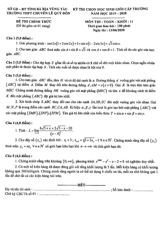 de thi chon hsg lop 11 mon toan nam 2019 2020 truong chuyen le quy don br vt d