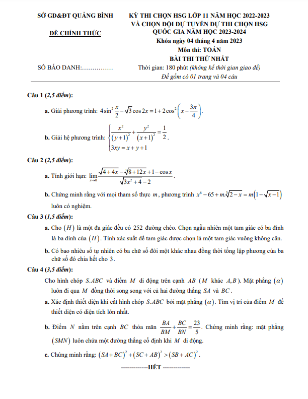 de thi chon hsg lop 11 mon toan nam 2022 2023 so gd dt quang binh d