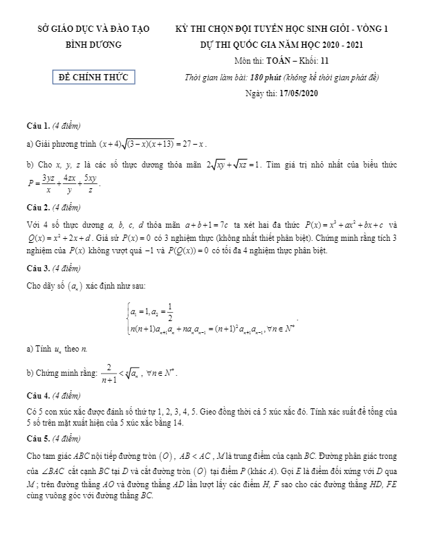 de thi chon hsg lop 11 mon toan vong 1 nam hoc 2020 2021 so gd dt binh duong d
