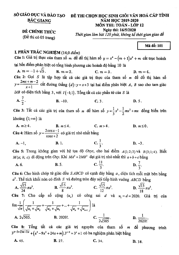 de thi chon hsg lop 12 mon toan cap tinh nam hoc 2019 2020 so gd dt bac giang d