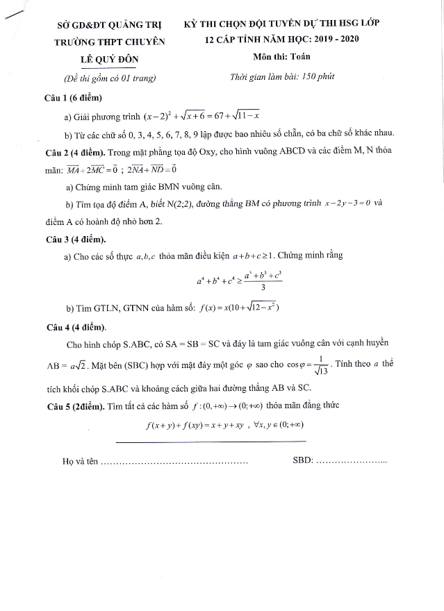 de thi chon hsg lop 12 mon toan nam 2019 2020 truong chuyen le quy don quang tri d