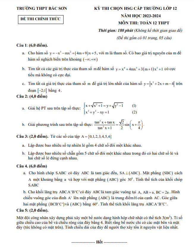 de thi chon hsg lop 12 mon toan nam 2023 2024 truong thpt bac son lang son d