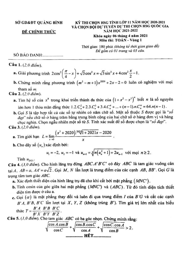 de thi chon hsg tinh lop 11 mon toan nam 2020 2021 so gd dt quang binh vong 1 d