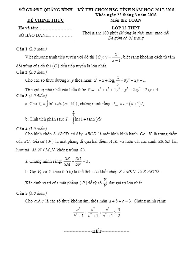 de thi chon hsg tinh lop 12 mon toan nam 2017 2018 so gd dt quang binh d