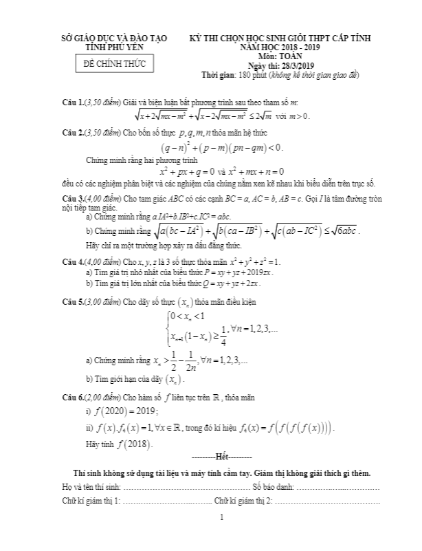 Đề thi chọn HSG Toán THPT cấp tỉnh năm học 2018 2019 sở GD ĐT Phú Yên 4 de thi chon hsg toan thpt cap tinh nam hoc 2018 2019 so gd dt phu yen d