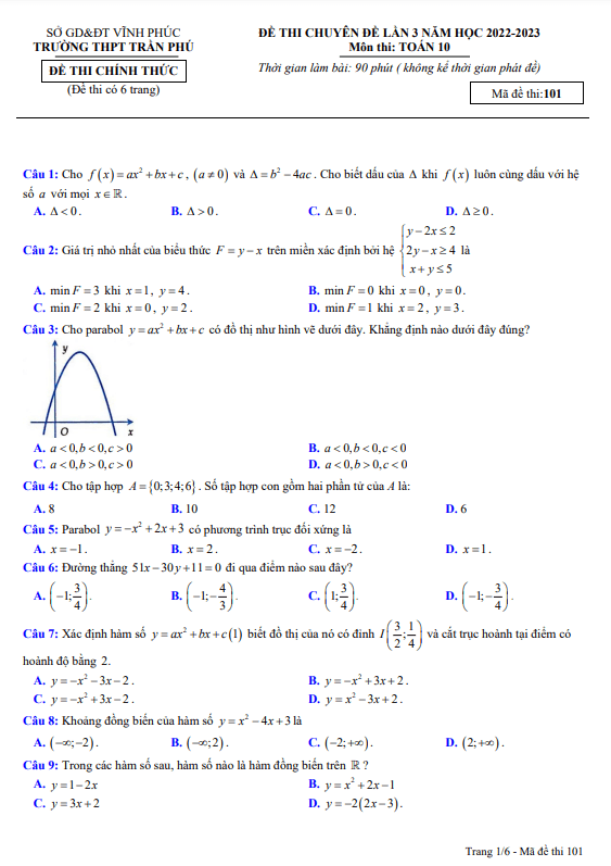 Đề thi chuyên đề lớp 10 môn Toán lần 3 năm 2022 2023 trường THPT Trần Phú Vĩnh Phúc 6 de thi chuyen de lop 10 mon toan lan 3 nam 2022 2023 truong thpt tran phu vinh phuc d