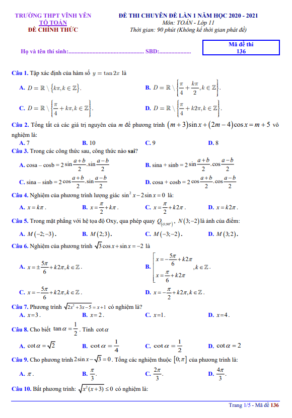 Đề thi chuyên đề lớp 11 môn Toán lần 1 năm 2020 2021 trường THPT Vĩnh Yên Vĩnh Phúc 5 de thi chuyen de lop 11 mon toan lan 1 nam 2020 2021 truong thpt vinh yen vinh phuc d
