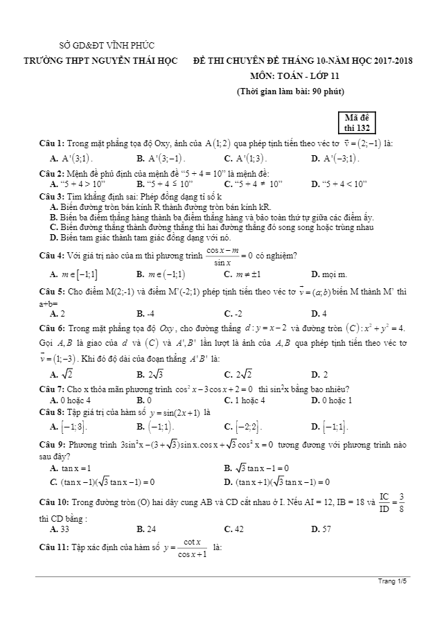 de thi chuyen de thang 10 nam hoc 2017 2018 lop 11 mon toan truong nguyen thai hoc vinh phuc d
