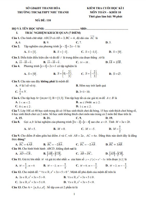 de thi cuoi hoc ki 1 hk1 lop 10 mon toan nam 2021 2022 truong nhu thanh thanh hoa d