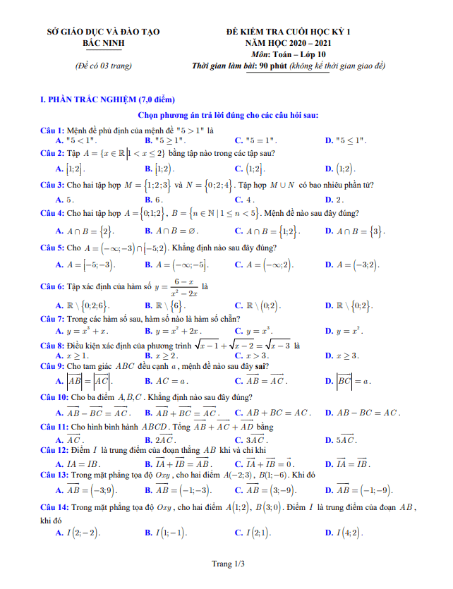 Đề thi cuối học kì 1 (HK1) lớp 10 môn Toán năm học 2020 2021 sở GD ĐT Bắc Ninh 7 de thi cuoi hoc ki 1 hk1 lop 10 mon toan nam hoc 2020 2021 so gd dt bac ninh d
