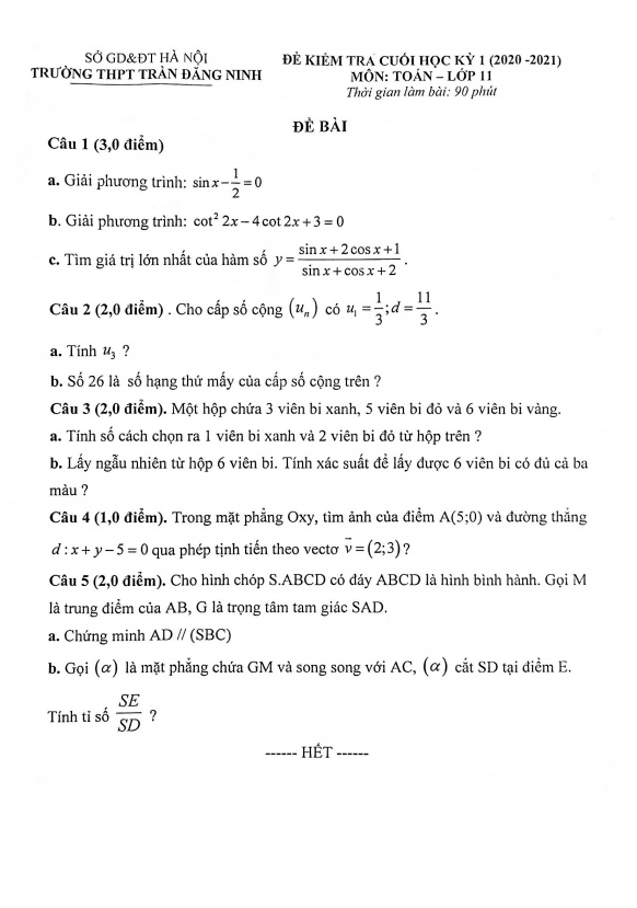 Đề thi cuối học kì 1 (HK1) lớp 11 môn Toán năm 2020 2021 trường THPT Trần Đăng Ninh Hà Nội 5 de thi cuoi hoc ki 1 hk1 lop 11 mon toan nam 2020 2021 truong thpt tran dang ninh ha noi d