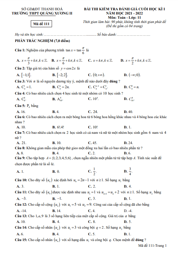 Đề thi cuối học kì 1 (HK1) lớp 11 môn Toán năm 2021 2022 trường THPT Quảng Xương 2 Thanh Hóa 4 de thi cuoi hoc ki 1 hk1 lop 11 mon toan nam 2021 2022 truong thpt quang xuong 2 thanh hoa d