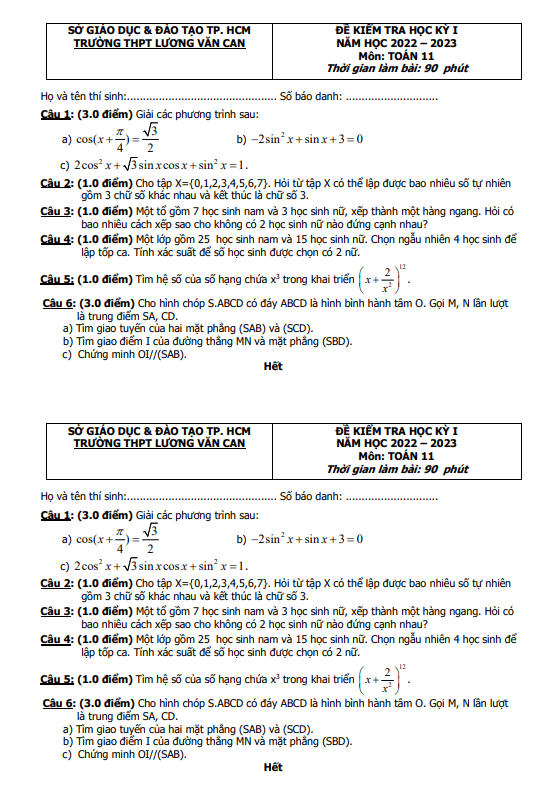 de thi cuoi hoc ki 1 hk1 lop 11 mon toan nam 2022 2023 truong thpt luong van can tp hcm d