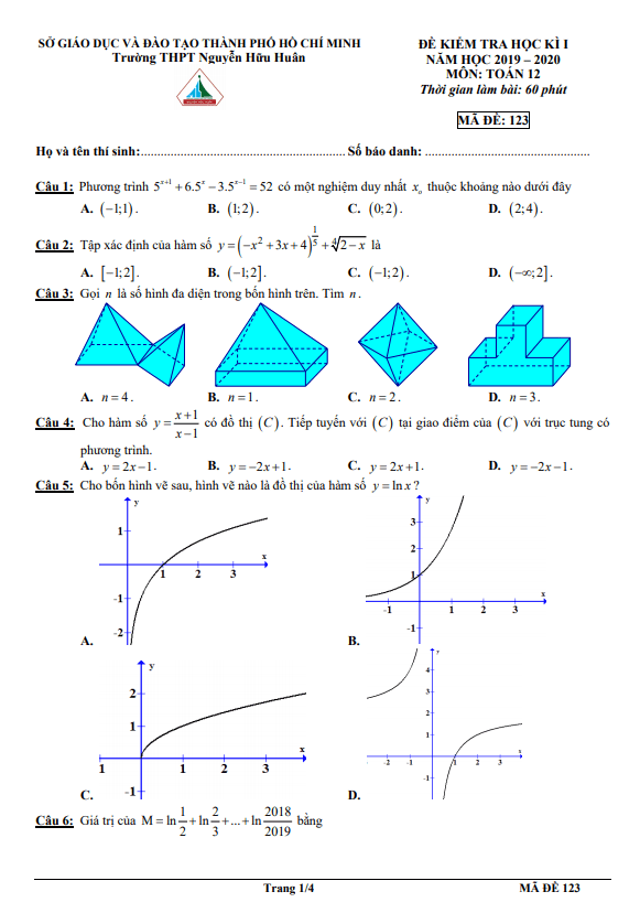 Đề thi cuối học kì 1 (HK1) lớp 12 môn Toán năm 2019 2020 trường THPT Nguyễn Hữu Huân TP HCM 3 de thi cuoi hoc ki 1 hk1 lop 12 mon toan nam 2019 2020 truong thpt nguyen huu huan tp hcm d