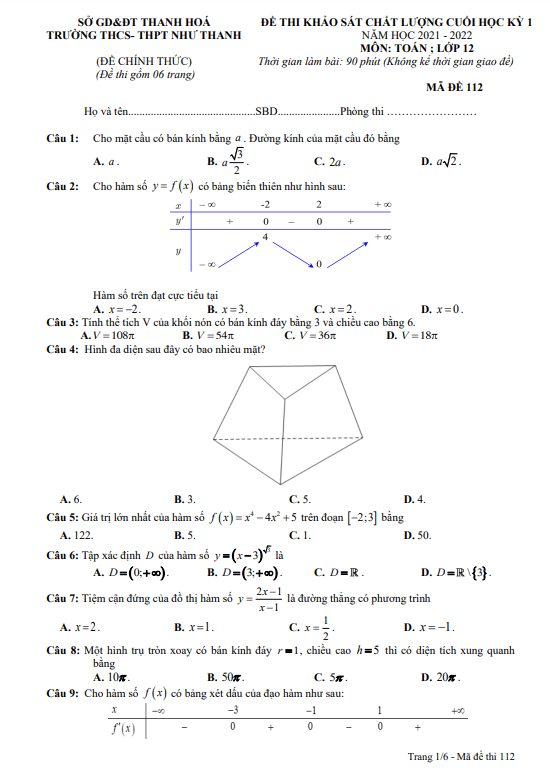 de thi cuoi hoc ki 1 hk1 lop 12 mon toan nam 2021 2022 truong nhu thanh thanh hoa d