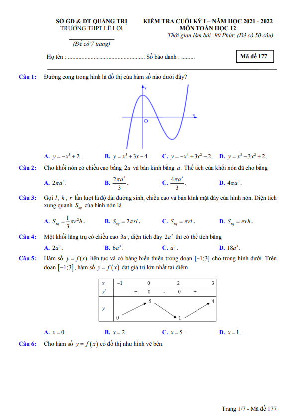 Đề thi cuối học kì 1 (HK1) lớp 12 môn Toán năm 2021 2022 trường THPT Lê Lợi Quảng Trị 5 de thi cuoi hoc ki 1 hk1 lop 12 mon toan nam 2021 2022 truong thpt le loi quang tri d