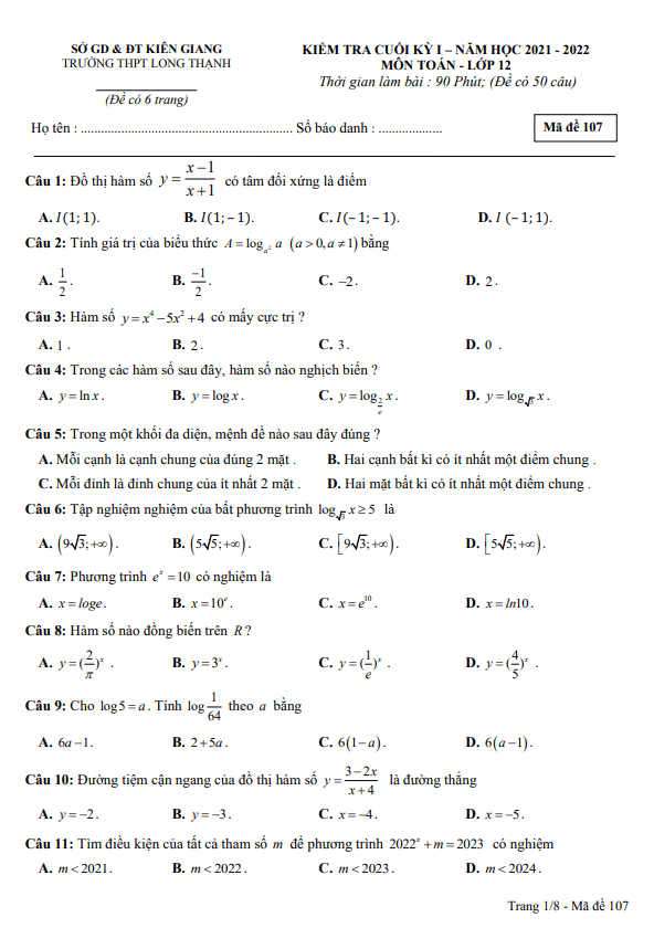 de thi cuoi hoc ki 1 hk1 lop 12 mon toan nam 2021 2022 truong thpt long thanh kien giang d