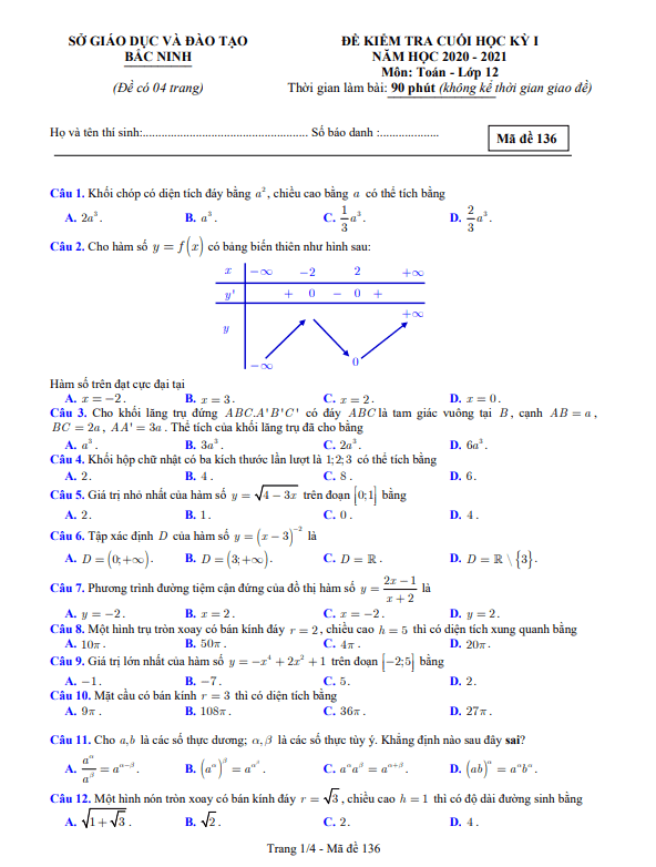 Đề thi cuối học kì 1 (HK1) lớp 12 môn Toán năm học 2020 2021 sở GD ĐT Bắc Ninh 6 de thi cuoi hoc ki 1 hk1 lop 12 mon toan nam hoc 2020 2021 so gd dt bac ninh d