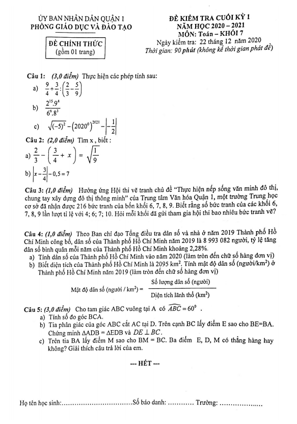 de thi cuoi hoc ki 1 hk1 lop 7 mon toan nam 2020 2021 phong gd dt quan 1 tp hcm d