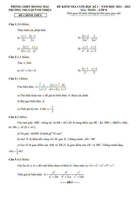 de thi cuoi hoc ki 1 hk1 lop 8 mon toan nam 2021 2022 truong thcs quynh thien ha noi d
