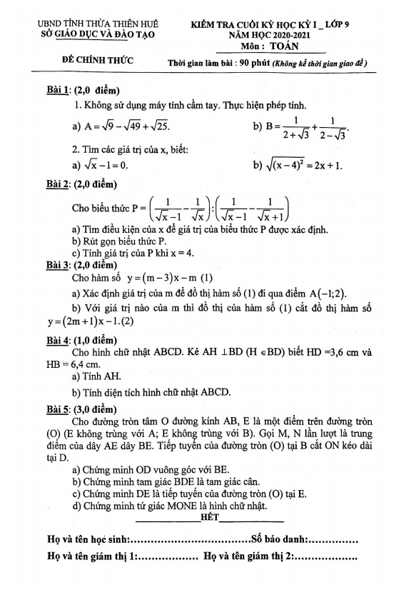 de thi cuoi hoc ki 1 hk1 lop 9 mon toan nam 2020 2021 so gd dt thua thien hue d