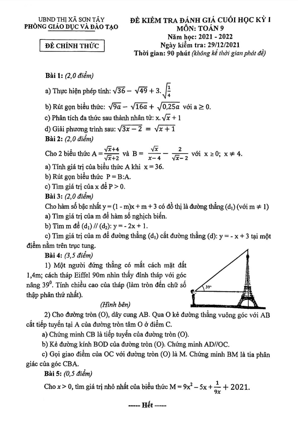 de thi cuoi hoc ki 1 hk1 lop 9 mon toan nam 2021 2022 phong gd dt son tay ha noi d