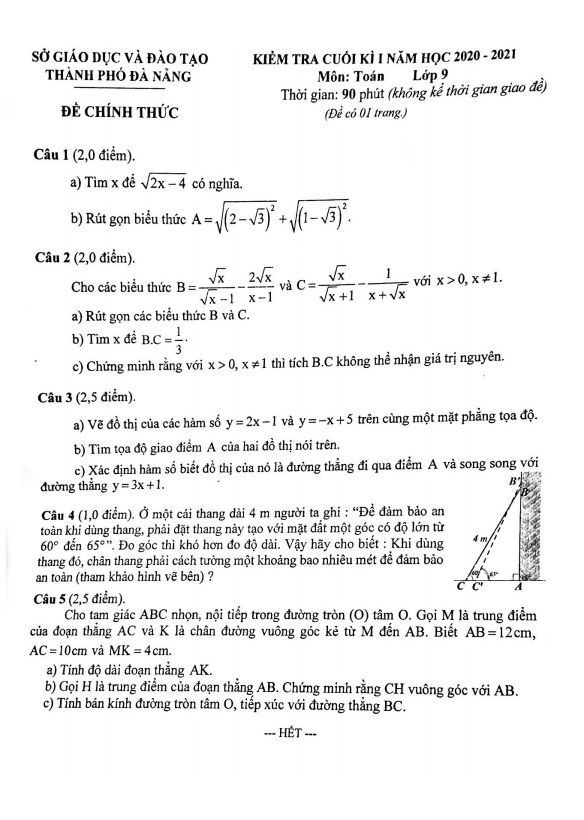Đề thi cuối học kì 1 (HK1) lớp 9 môn Toán năm học 2020 2021 sở GD ĐT Đà Nẵng 7 de thi cuoi hoc ki 1 hk1 lop 9 mon toan nam hoc 2020 2021 so gd dt da nang d