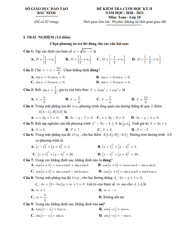 de thi cuoi hoc ki 2 hk2 lop 10 mon toan nam 2020 2021 so gd dt bac ninh d