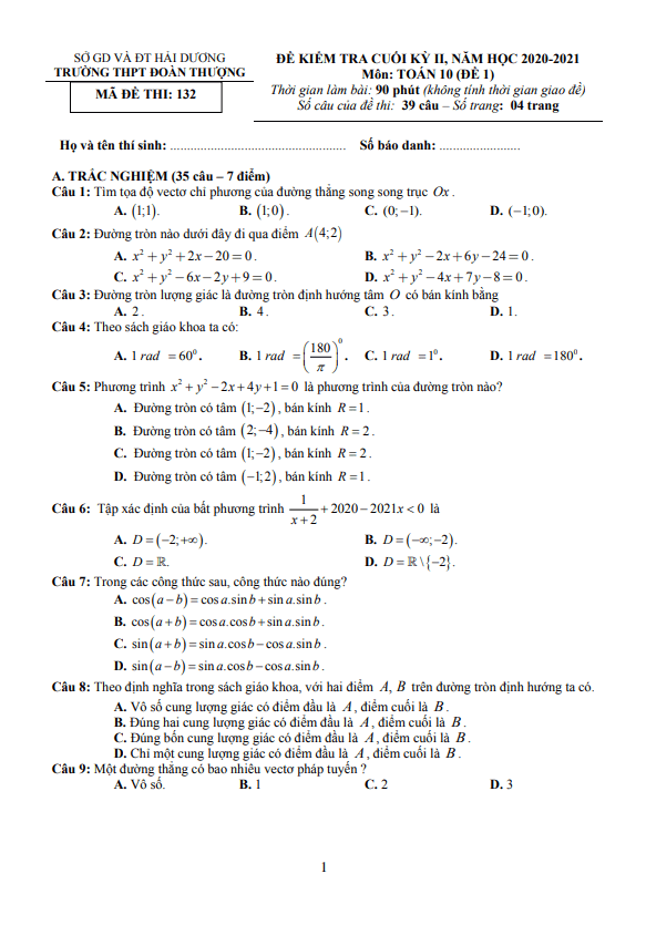 Đề thi cuối học kì 2 (HK2) lớp 10 môn Toán năm 2020 2021 trường Đoàn Thượng Hải Dương 1 de thi cuoi hoc ki 2 hk2 lop 10 mon toan nam 2020 2021 truong doan thuong hai duong d