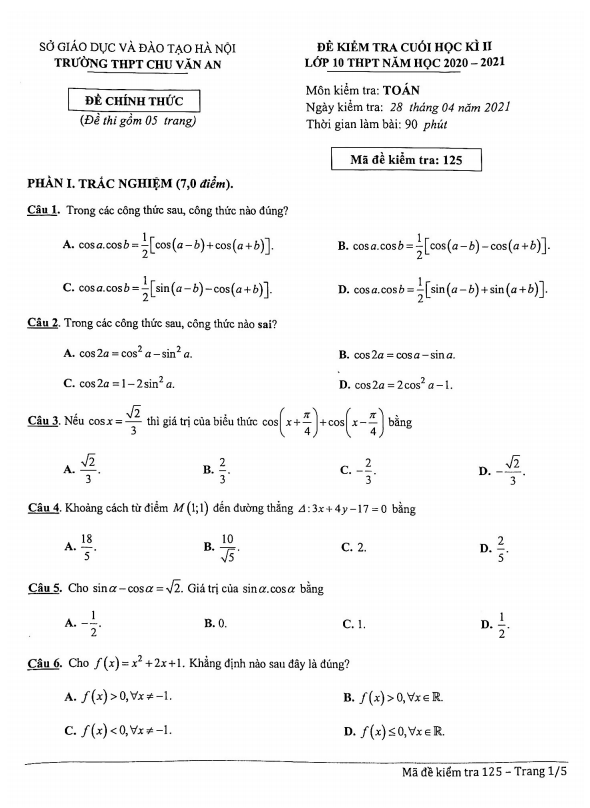 de thi cuoi hoc ki 2 hk2 lop 10 mon toan nam 2020 2021 truong thpt chu van an ha noi d