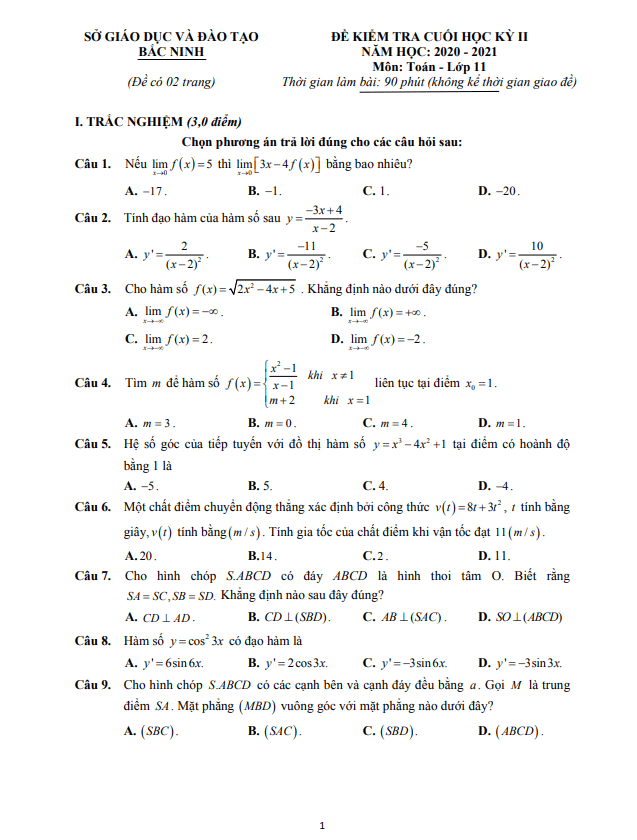 de thi cuoi hoc ki 2 hk2 lop 11 mon toan nam 2020 2021 so gd dt bac ninh d