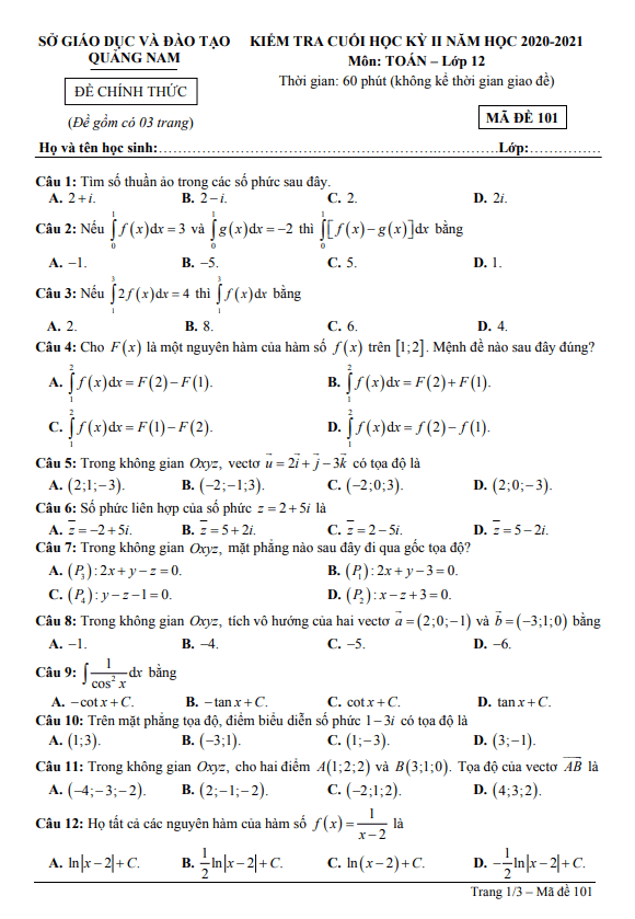 de thi cuoi hoc ki 2 hk2 lop 12 mon toan nam 2020 2021 so gd dt quang nam d