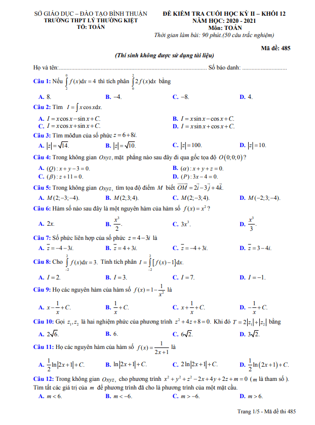de thi cuoi hoc ki 2 hk2 lop 12 mon toan nam 2020 2021 truong ly thuong kiet binh thuan d