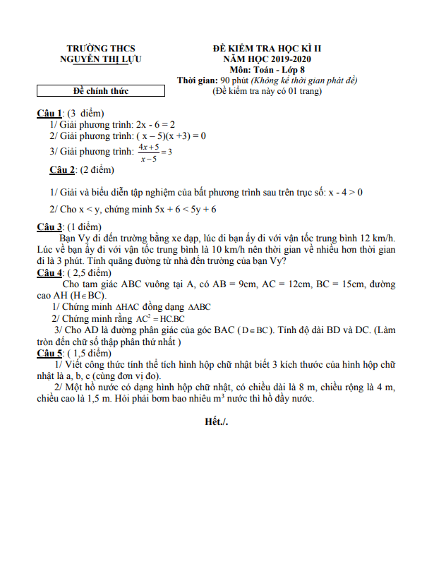 de thi cuoi hoc ki 2 hk2 lop 8 mon toan nam 2019 2020 truong thcs nguyen thi luu dong thap d