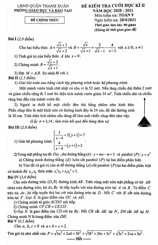de thi cuoi hoc ki 2 hk2 lop 9 mon toan nam 2020 2021 phong gd dt thanh xuan ha noi d