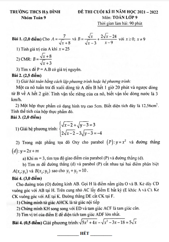 de thi cuoi hoc ki 2 hk2 lop 9 mon toan nam 2021 2022 truong thcs ha dinh ha noi d