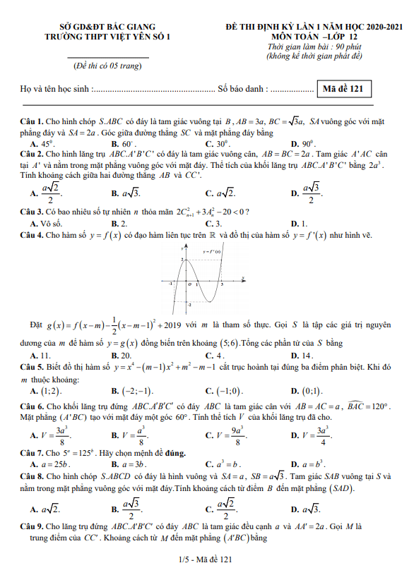 de thi dinh ky lop 12 mon toan lan 1 nam 2020 2021 truong viet yen 1 bac giang d