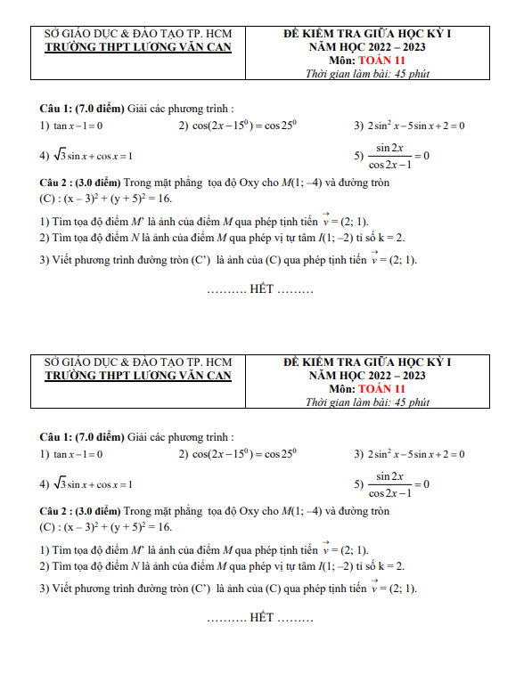 Đề thi giữa HKI lớp 11 môn Toán năm 2022 2023 trường THPT Lương Văn Can TP HCM 7 de thi giua hki lop 11 mon toan nam 2022 2023 truong thpt luong van can tp hcm d