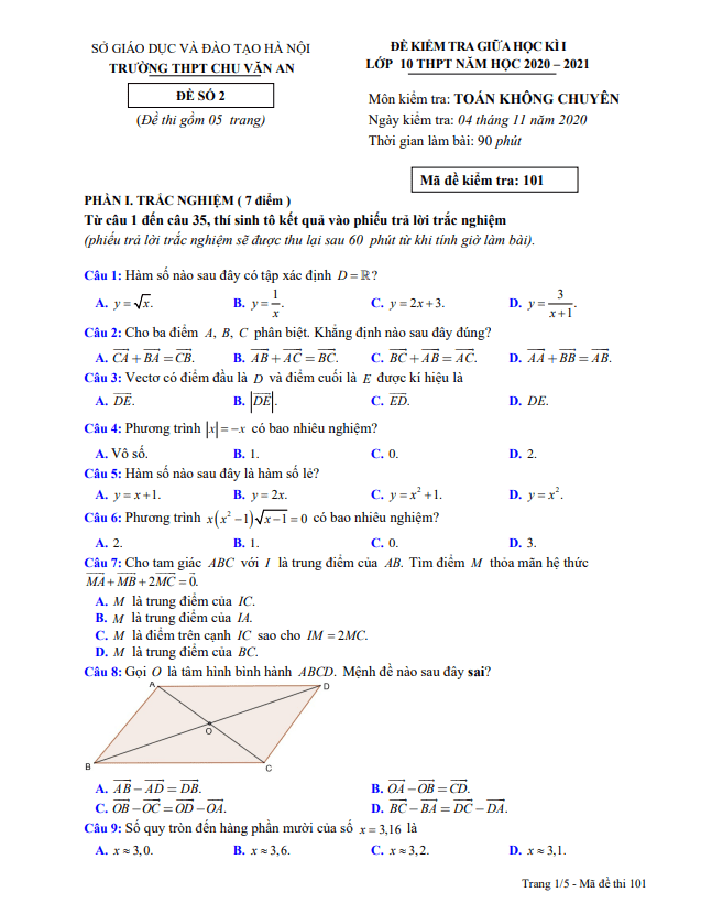 de thi giua hoc ki 1 hk1 lop 10 mon toan nam 2020 2021 truong thpt chu van an ha noi d