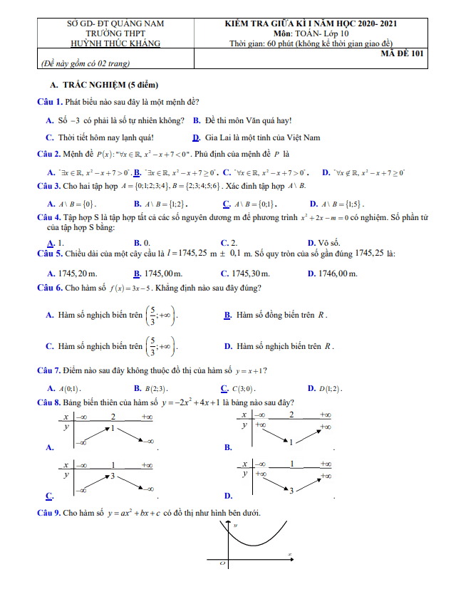 de thi giua hoc ki 1 hk1 lop 10 mon toan nam 2020 2021 truong thpt huynh thuc khang quang nam d