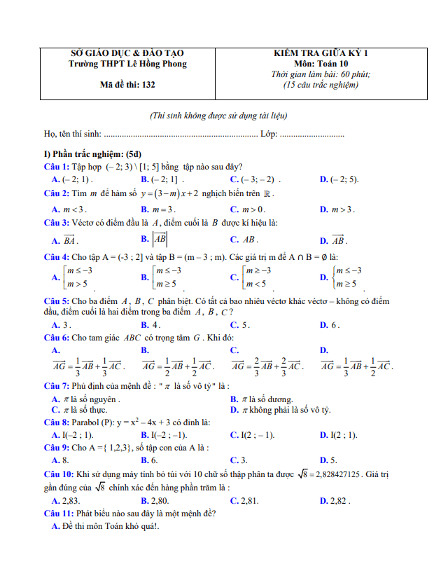 Đề thi giữa học kì 1 (HK1) lớp 10 môn Toán năm 2020 2021 trường THPT Lê Hồng Phong Quảng Nam 5 de thi giua hoc ki 1 hk1 lop 10 mon toan nam 2020 2021 truong thpt le hong phong quang nam d
